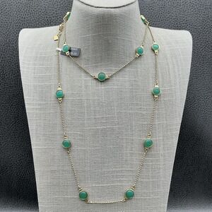 Banana Republic Necklace Womens Long Gold Tone Green Cabochon Station Bezel